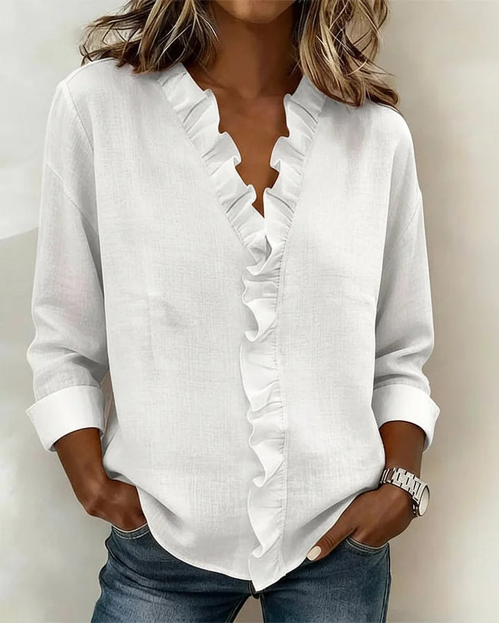 Savanna | Blouse with Ruffles, V-Neck and Long Sleeves