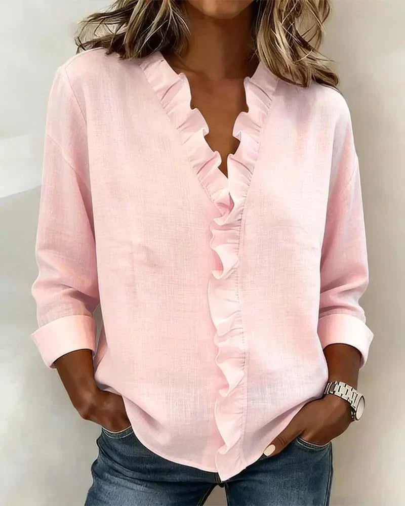 Savanna | Blouse with Ruffles, V-Neck and Long Sleeves