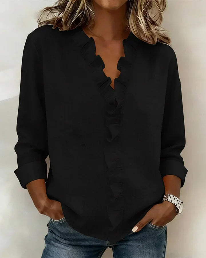 Savanna | Blouse with Ruffles, V-Neck and Long Sleeves