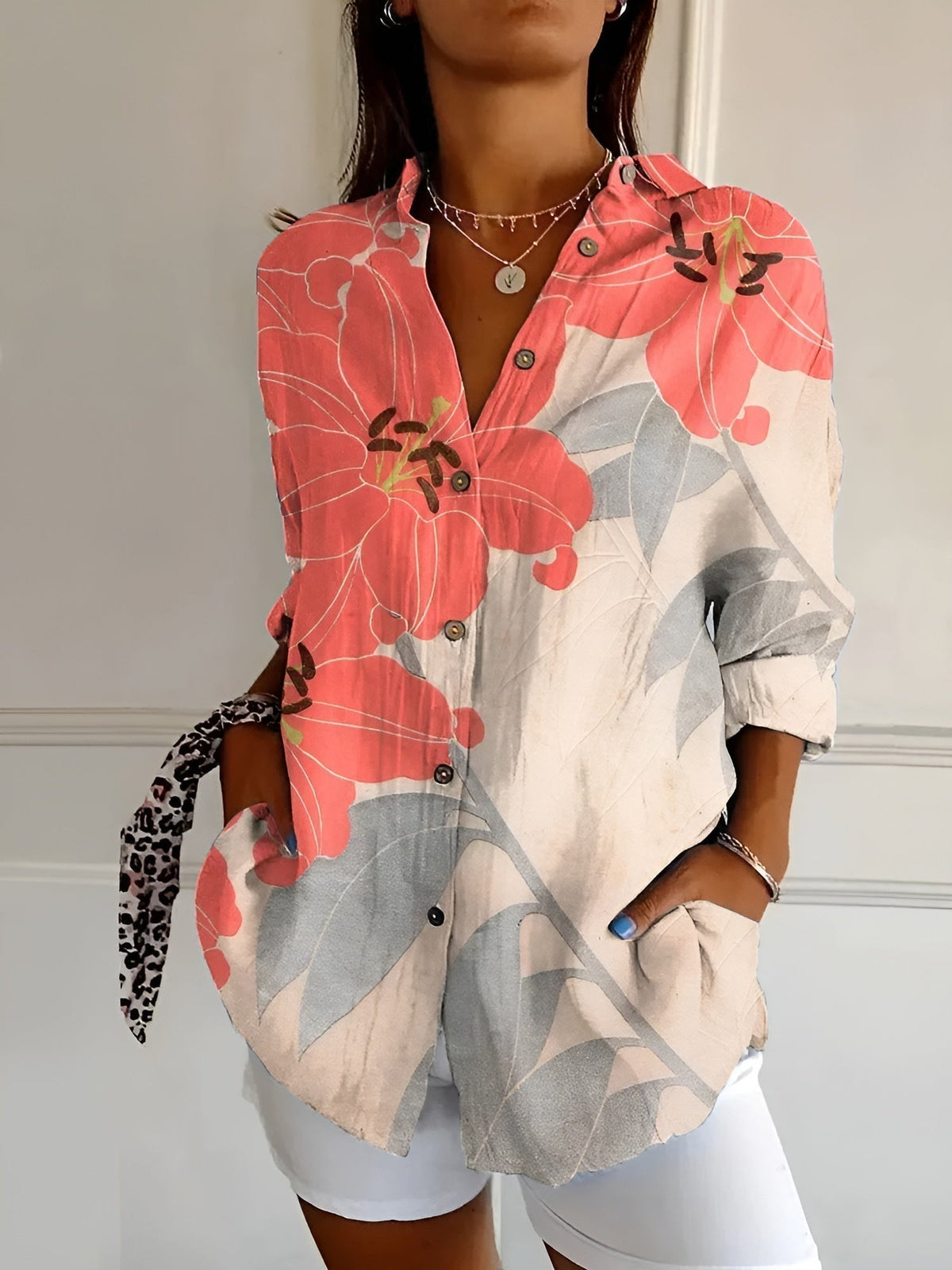 Inez | Cotton Blouse with Floral Waves