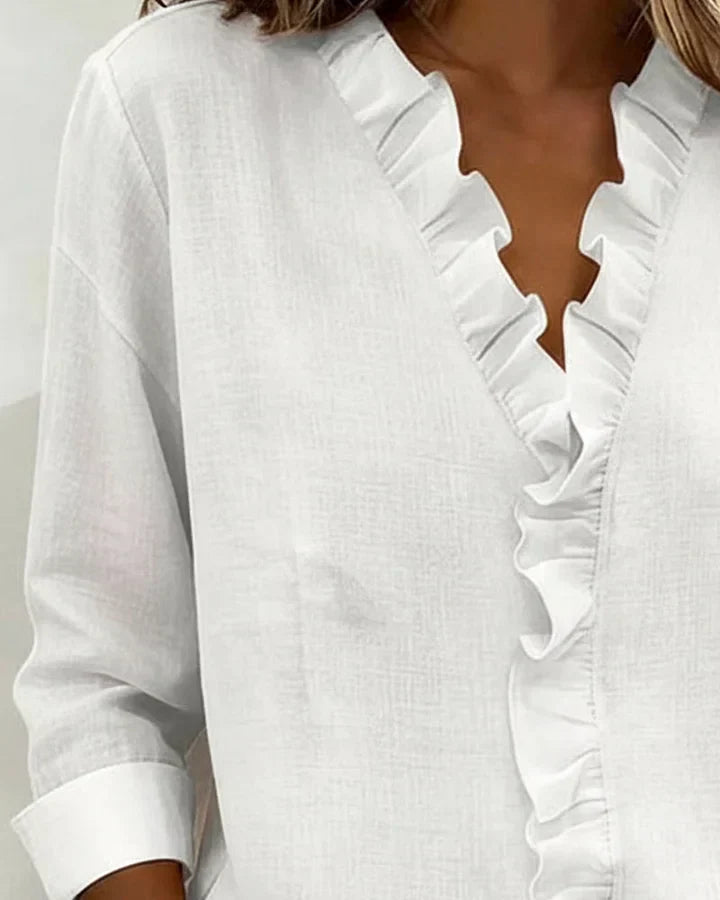 Savanna | Blouse with Ruffles, V-Neck and Long Sleeves