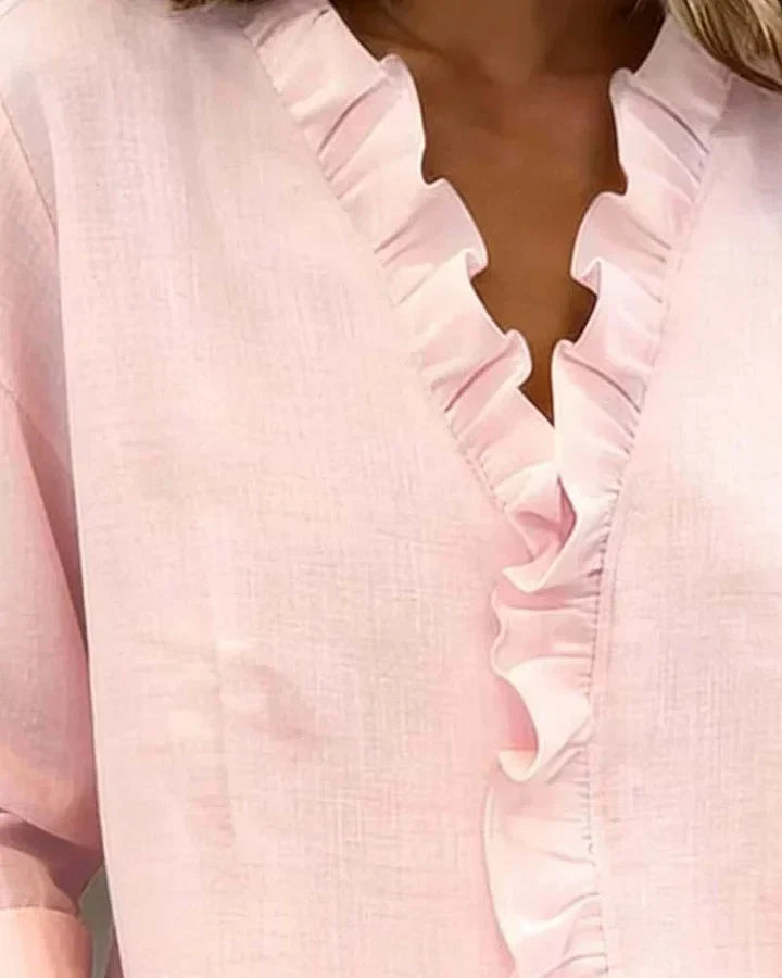 Savanna | Blouse with Ruffles, V-Neck and Long Sleeves