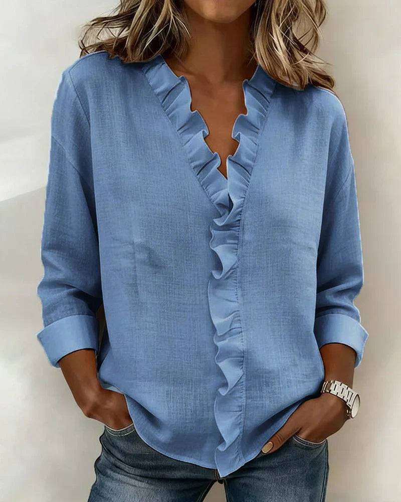 Savanna | Blouse with Ruffles, V-Neck and Long Sleeves