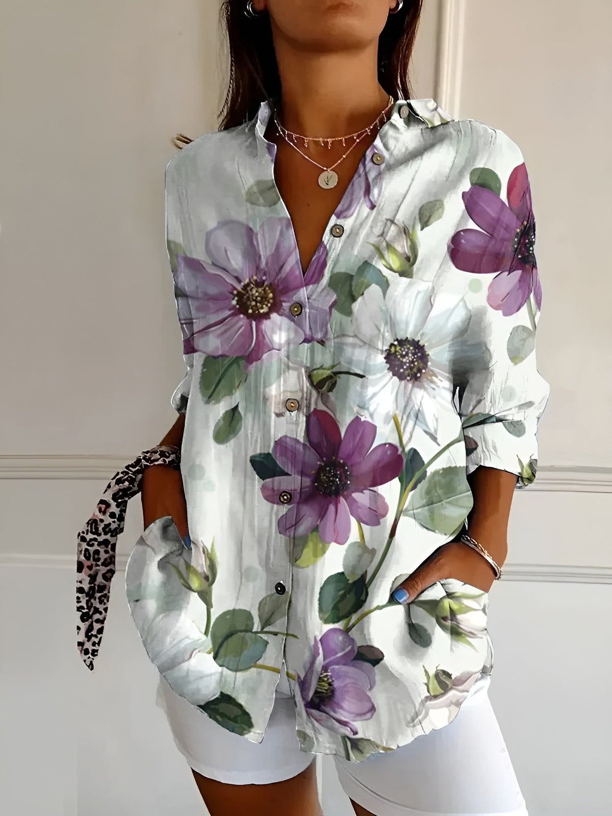 Inez | Cotton Blouse with Floral Waves