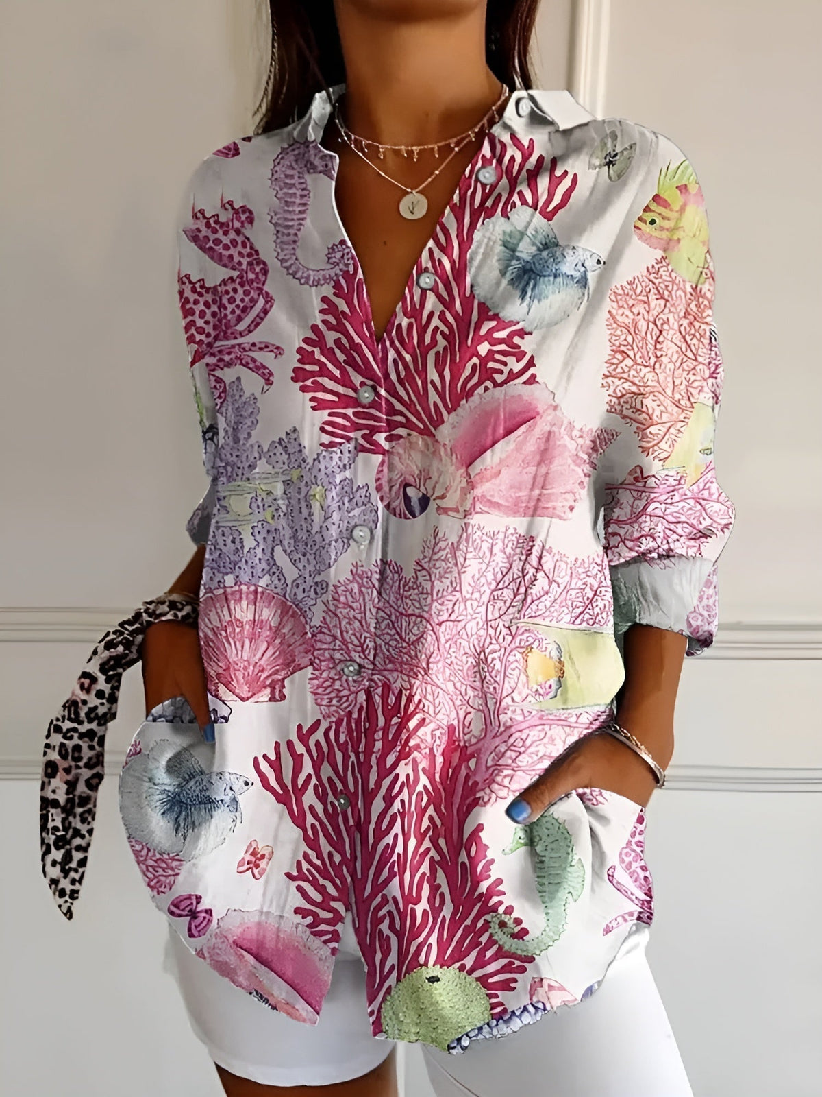 Inez | Cotton Blouse with Floral Waves